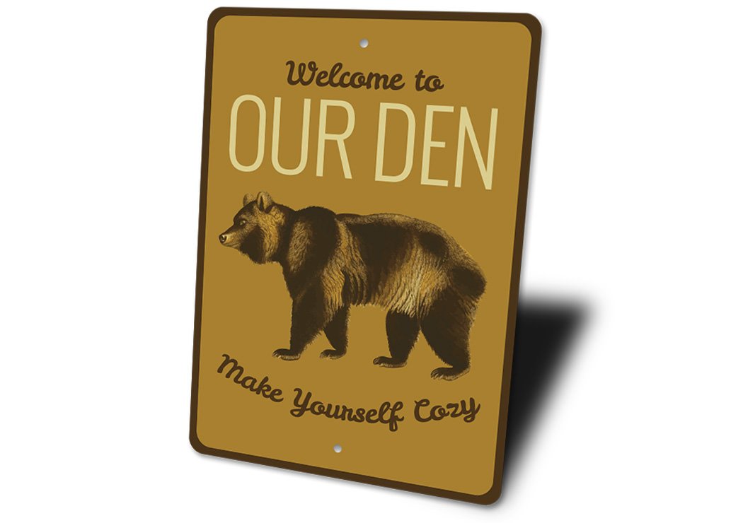 A beautifully crafted Bear Den Sign made of durable aluminum, featuring a rustic design perfect for lakehouse decor.