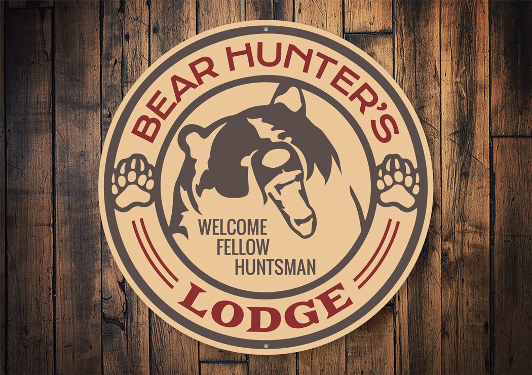 Bear Hunter's Lodge Cabin Sign made of durable aluminum, featuring a rustic design perfect for home decor.