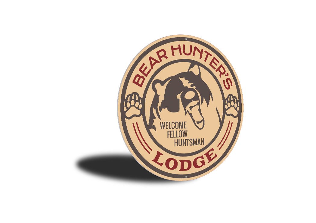 Bear Hunter's Lodge Cabin Sign made of durable aluminum, featuring a rustic design perfect for home decor.