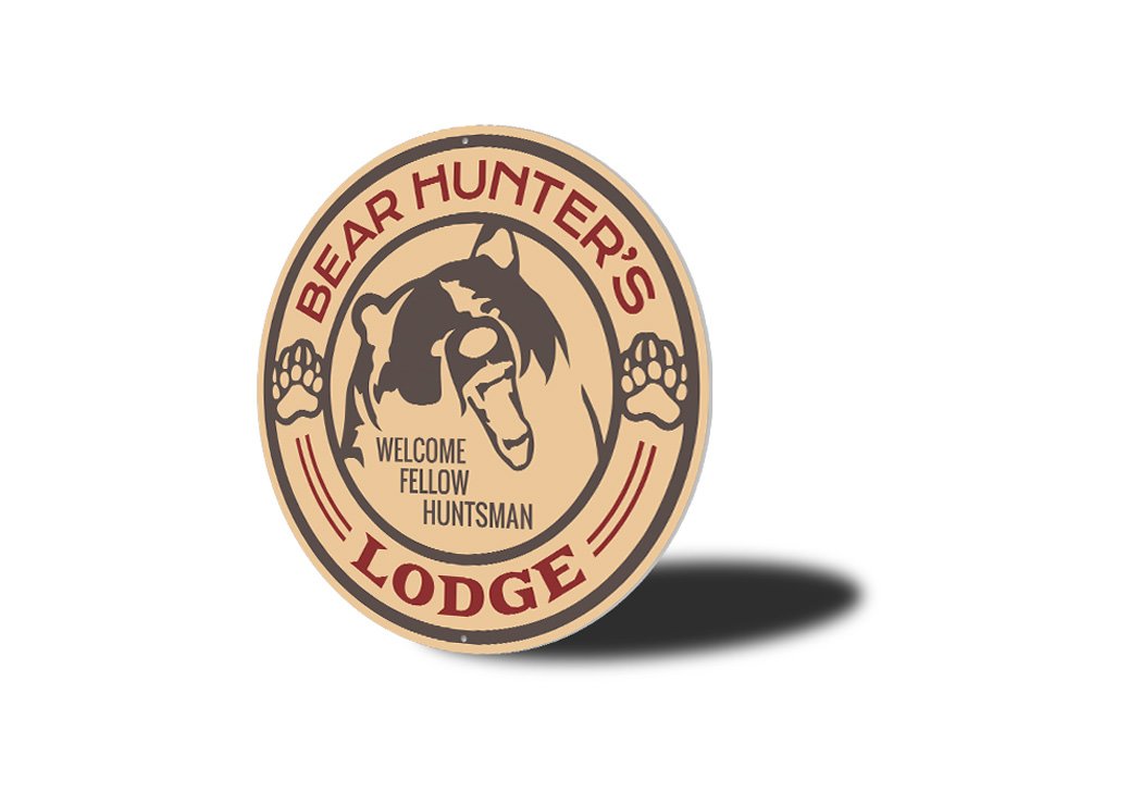 Bear Hunter's Lodge Cabin Sign made of durable aluminum, featuring a rustic design perfect for home decor.