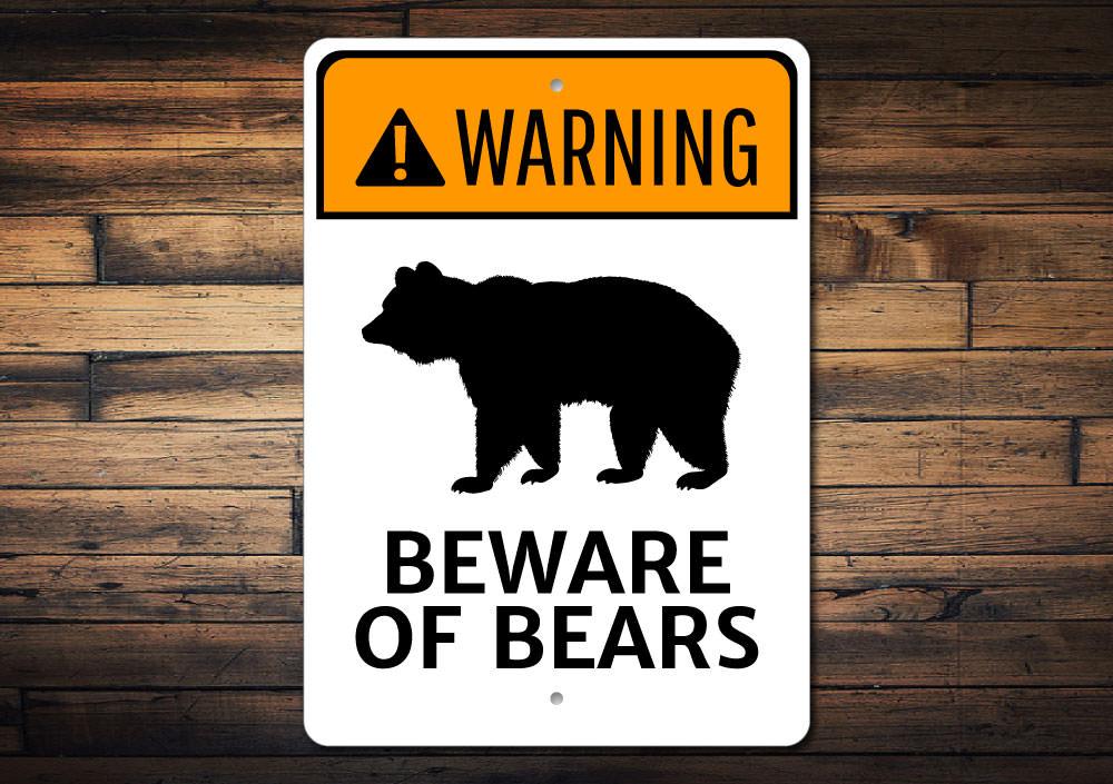 A decorative Bear Warning Sign made from high-quality aluminum, featuring a bear graphic and warning text, suitable for indoor and outdoor use.