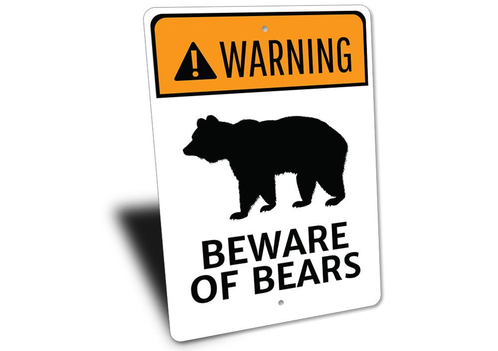 A decorative Bear Warning Sign made from high-quality aluminum, featuring a bear graphic and warning text, suitable for indoor and outdoor use.