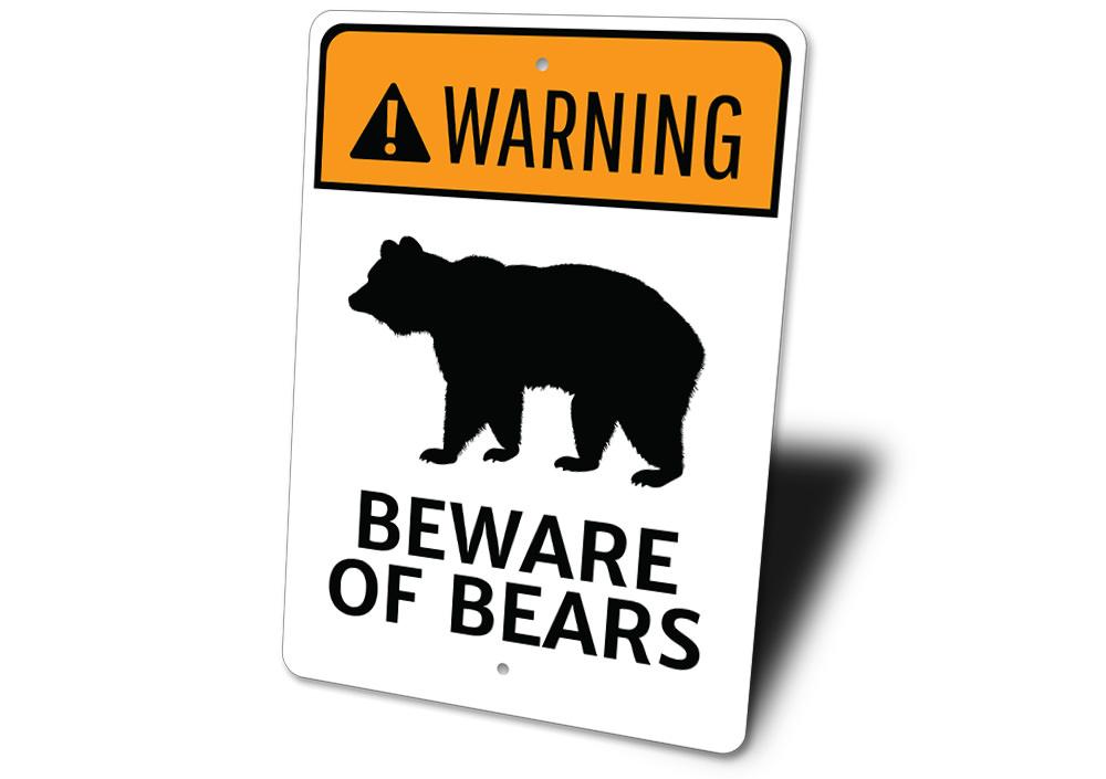 A decorative Bear Warning Sign made from high-quality aluminum, featuring a bear graphic and warning text, suitable for indoor and outdoor use.