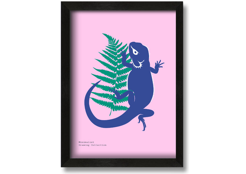 Framed print of a bearded dragon surrounded by lush ferns, showcasing vibrant colors and intricate details.