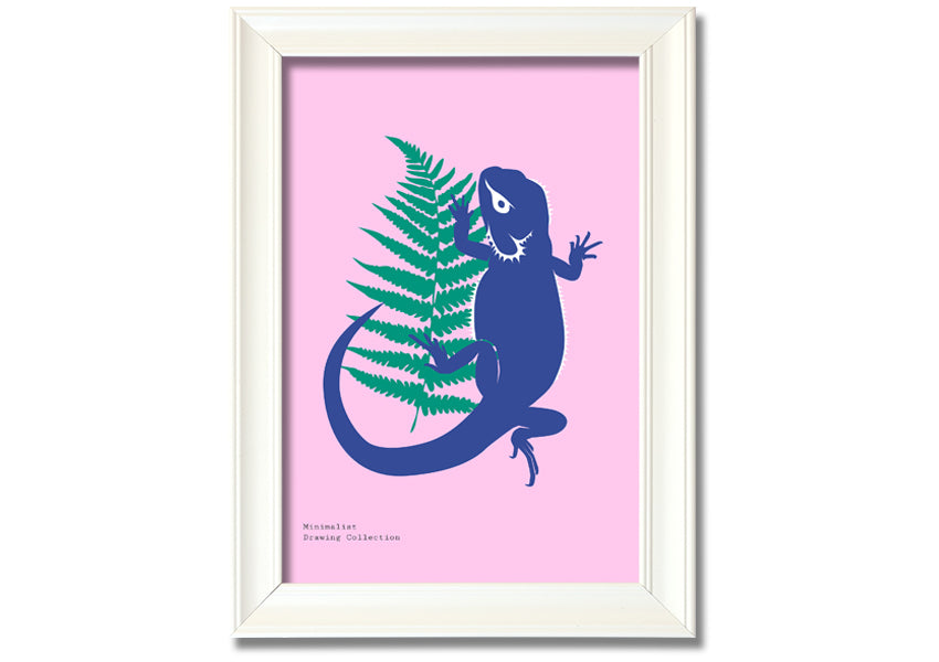 Framed print of a bearded dragon surrounded by lush ferns, showcasing vibrant colors and intricate details.