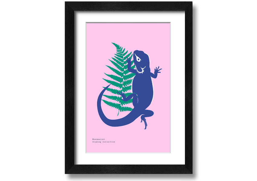 Framed print of a bearded dragon surrounded by lush ferns, showcasing vibrant colors and intricate details.