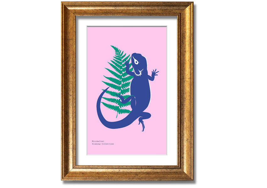 Framed print of a bearded dragon surrounded by lush ferns, showcasing vibrant colors and intricate details.