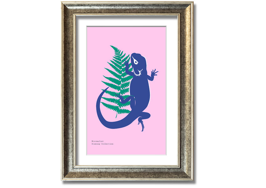 Framed print of a bearded dragon surrounded by lush ferns, showcasing vibrant colors and intricate details.