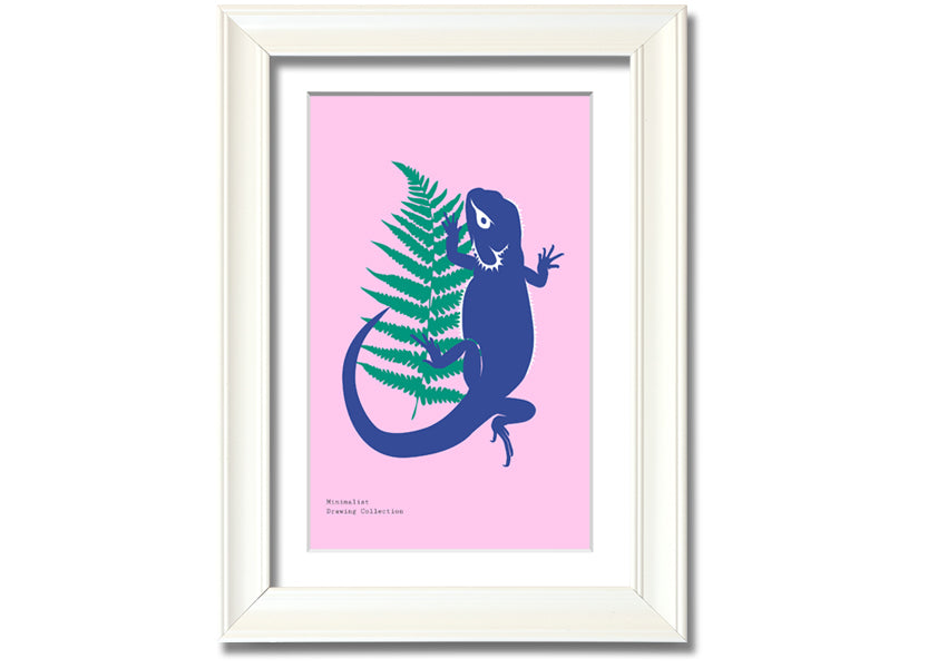 Framed print of a bearded dragon surrounded by lush ferns, showcasing vibrant colors and intricate details.