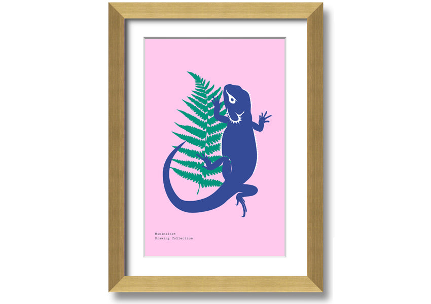 Framed print of a bearded dragon surrounded by lush ferns, showcasing vibrant colors and intricate details.