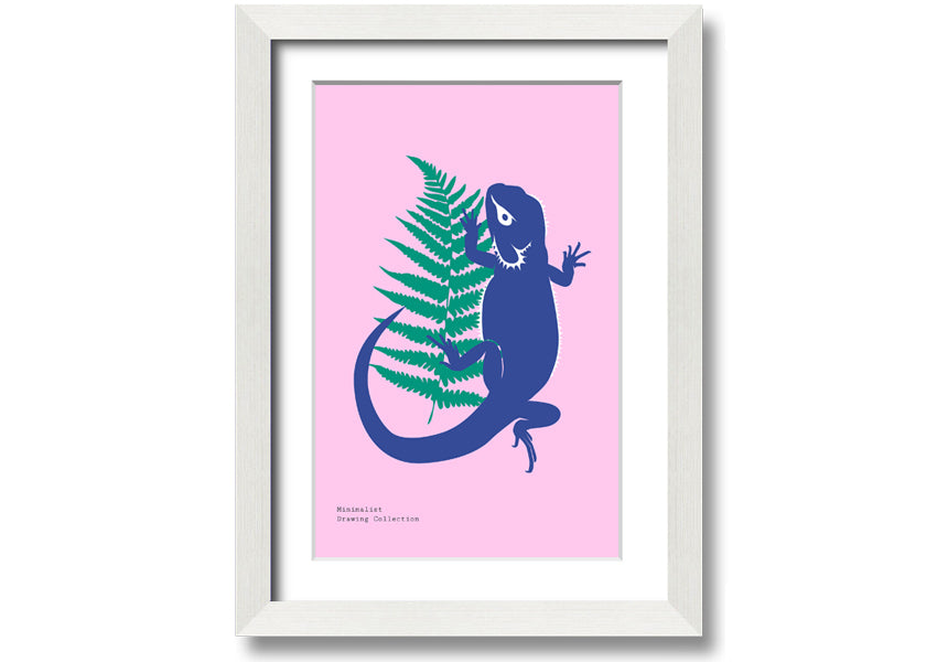 Framed print of a bearded dragon surrounded by lush ferns, showcasing vibrant colors and intricate details.