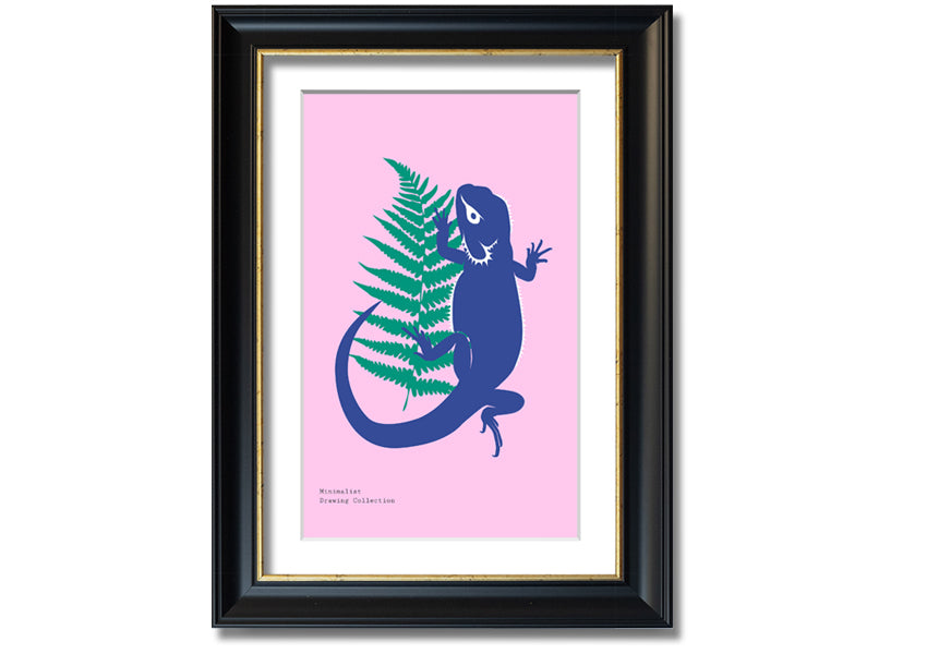 Framed print of a bearded dragon surrounded by lush ferns, showcasing vibrant colors and intricate details.