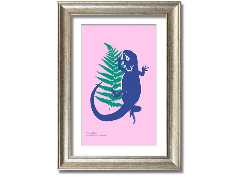 Framed print of a bearded dragon surrounded by lush ferns, showcasing vibrant colors and intricate details.