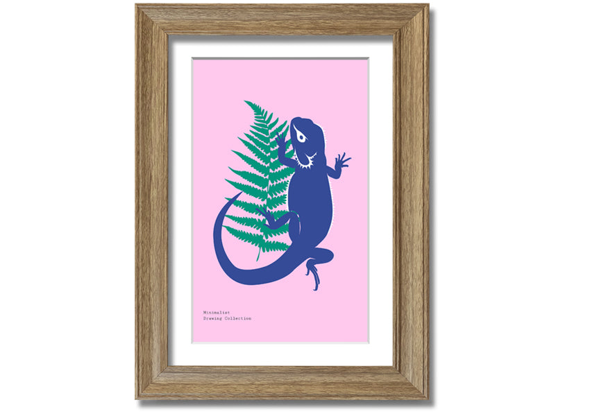 Framed print of a bearded dragon surrounded by lush ferns, showcasing vibrant colors and intricate details.