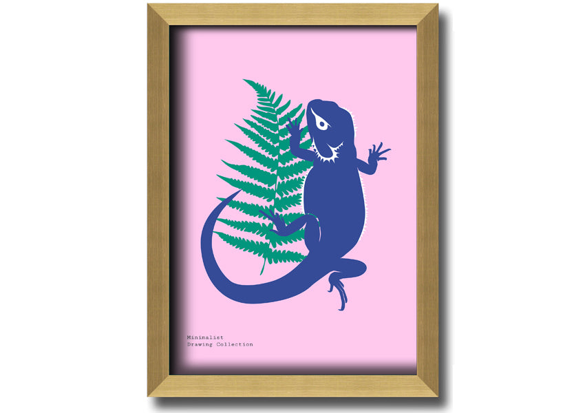 Framed print of a bearded dragon surrounded by lush ferns, showcasing vibrant colors and intricate details.