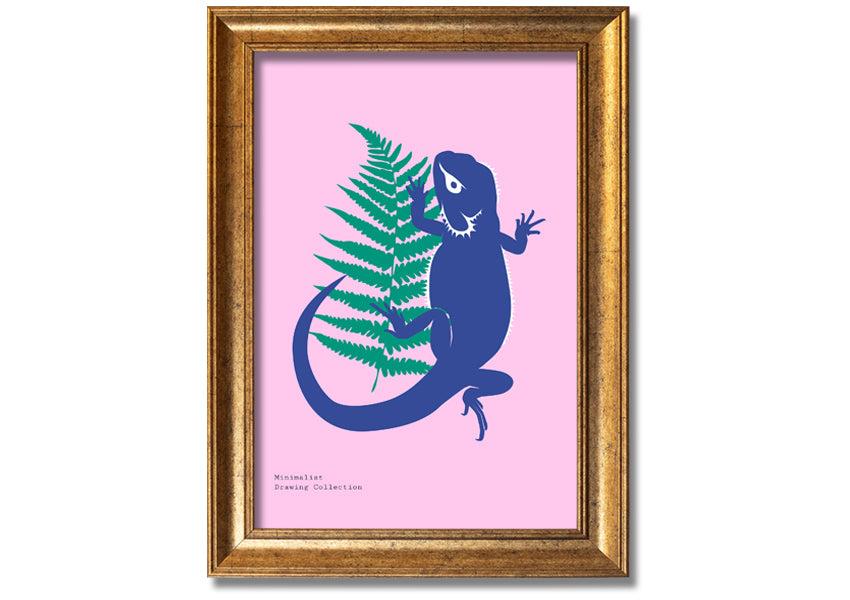 Framed print of a bearded dragon surrounded by lush ferns, showcasing vibrant colors and intricate details.