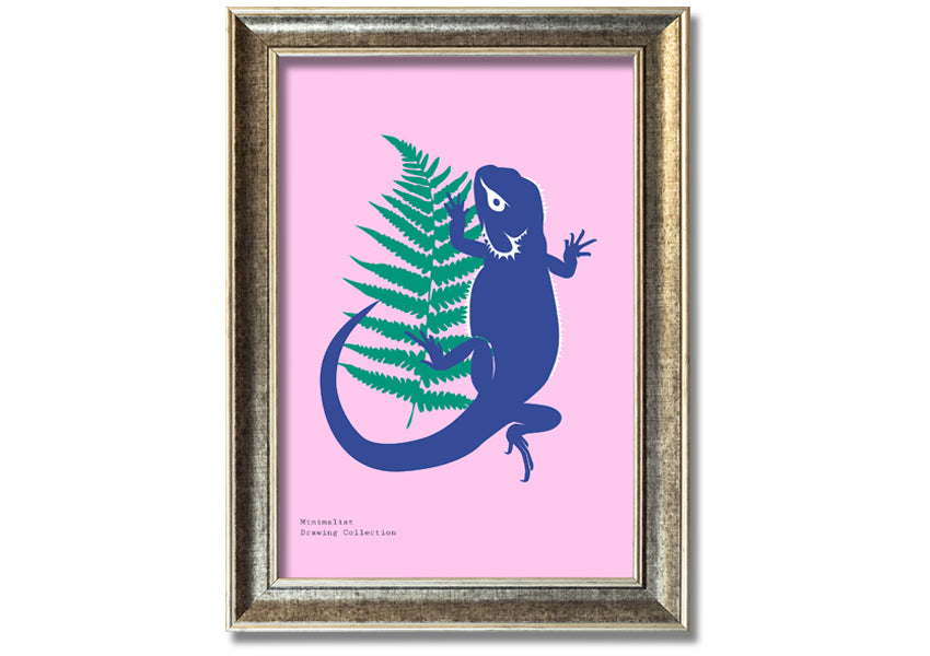 Framed print of a bearded dragon surrounded by lush ferns, showcasing vibrant colors and intricate details.