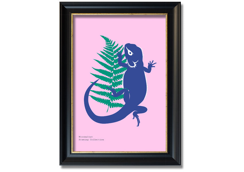 Framed print of a bearded dragon surrounded by lush ferns, showcasing vibrant colors and intricate details.