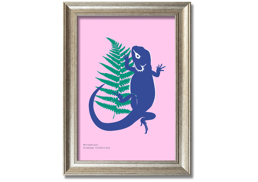 Framed print of a bearded dragon surrounded by lush ferns, showcasing vibrant colors and intricate details.