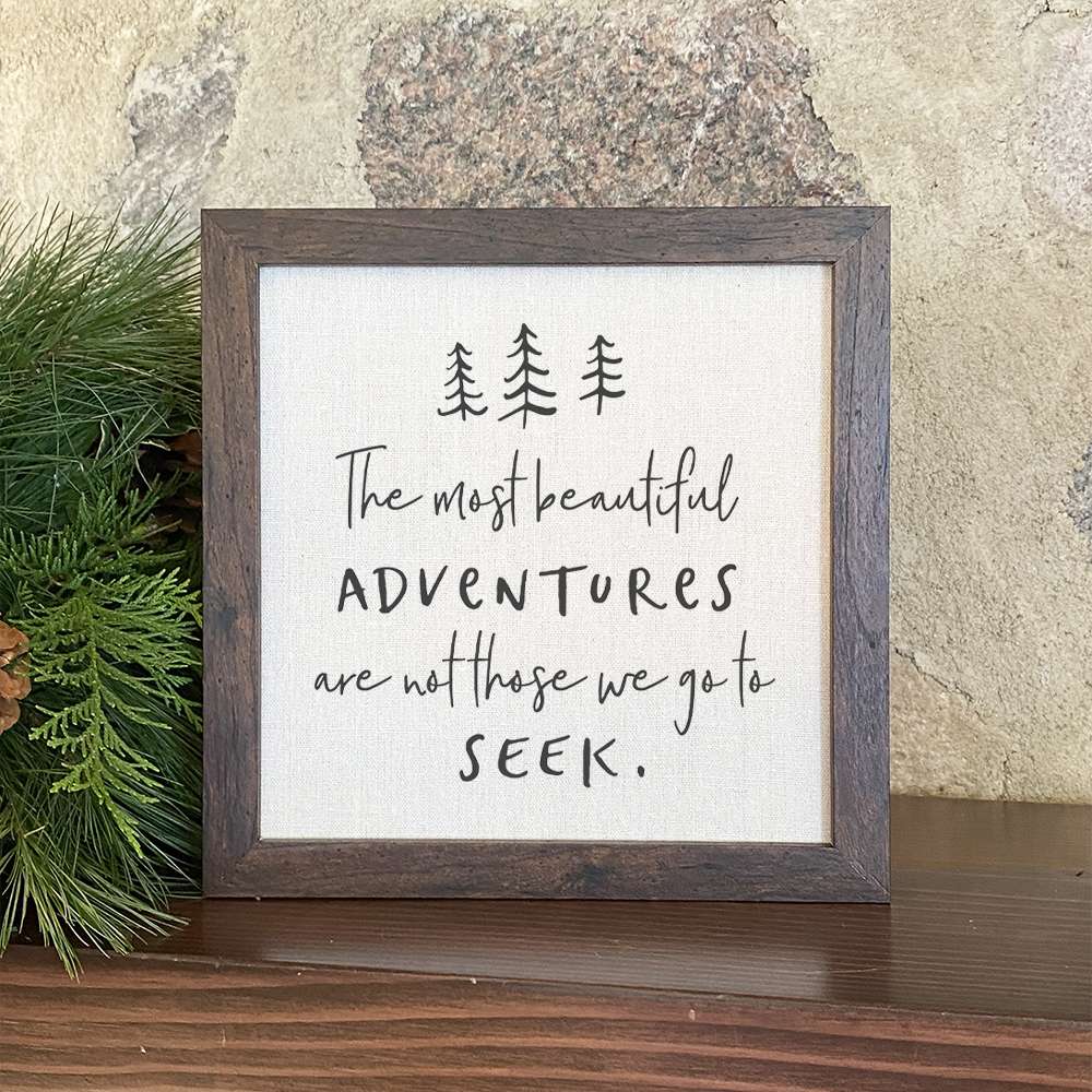 Beautiful Adventures Trees Framed Sign with a rustic wood frame and eco-friendly printing on a linen-look background.