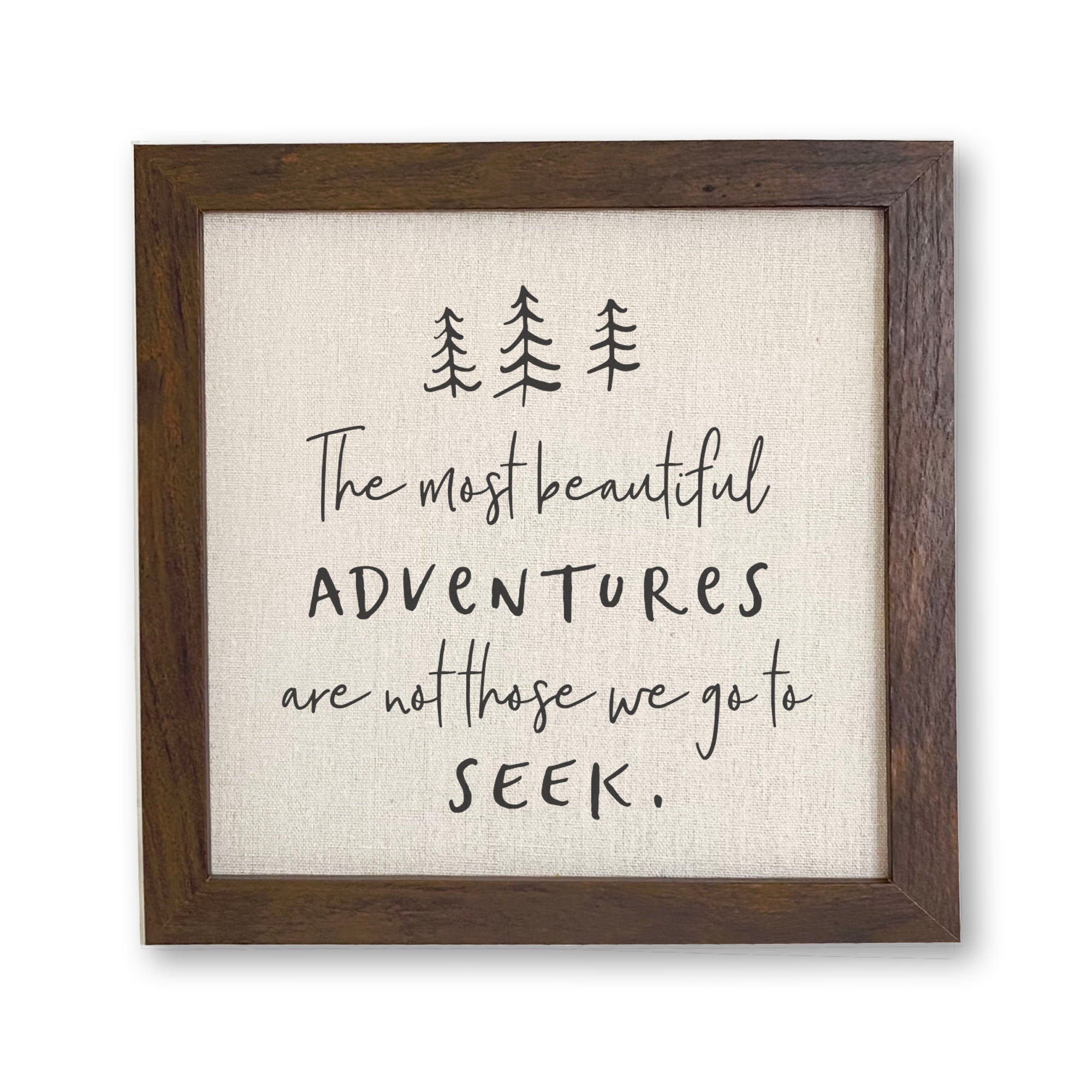 Beautiful Adventures Trees Framed Sign with a rustic wood frame and eco-friendly printing on a linen-look background.