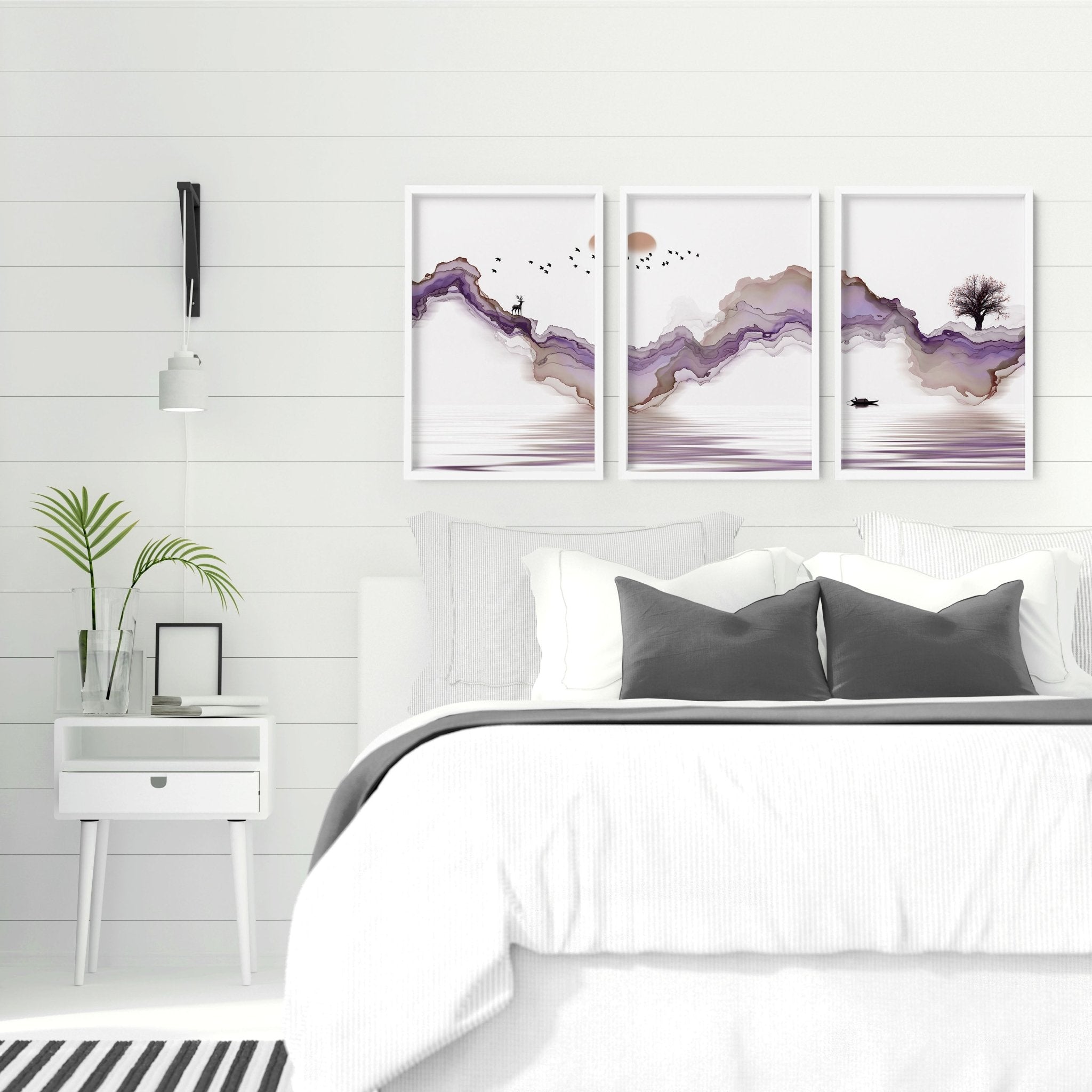 Set of 3 art prints featuring serene Japanese sunset landscapes in purple and mauve tones, perfect for bedroom decor.