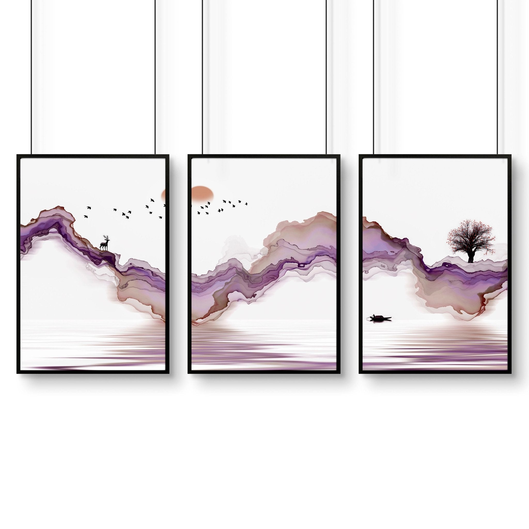 Set of 3 art prints featuring serene Japanese sunset landscapes in purple and mauve tones, perfect for bedroom decor.