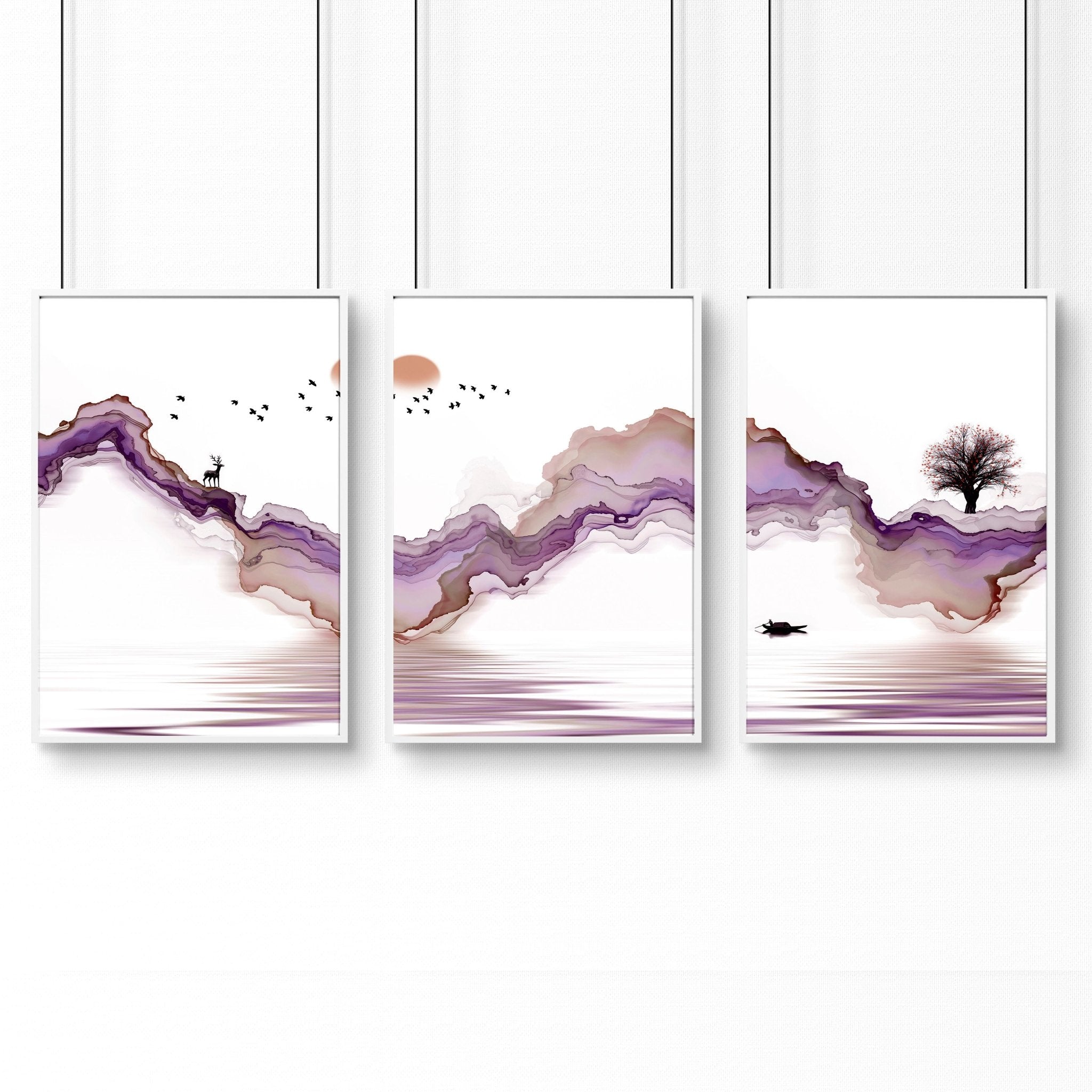 Set of 3 art prints featuring serene Japanese sunset landscapes in purple and mauve tones, perfect for bedroom decor.