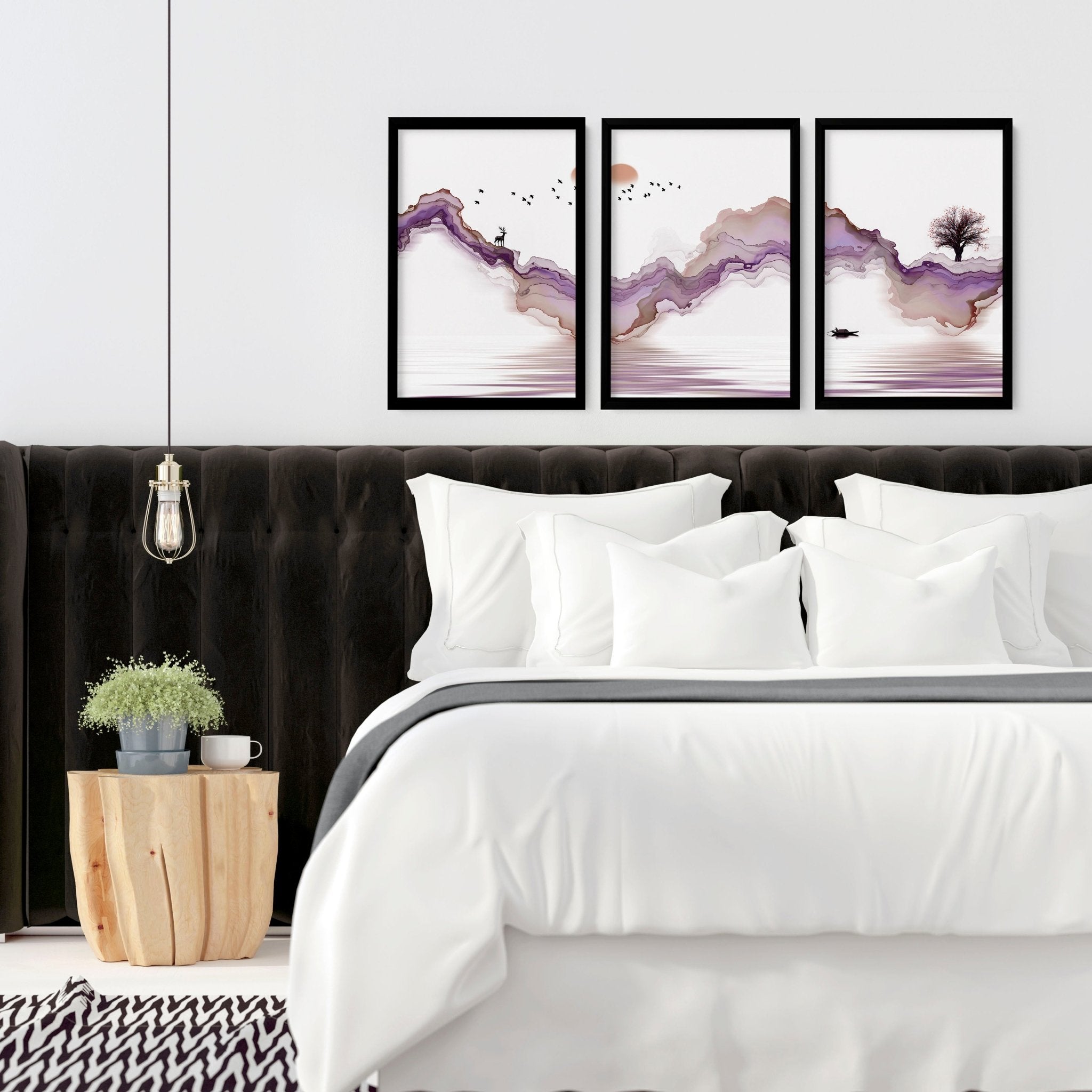 Set of 3 art prints featuring serene Japanese sunset landscapes in purple and mauve tones, perfect for bedroom decor.