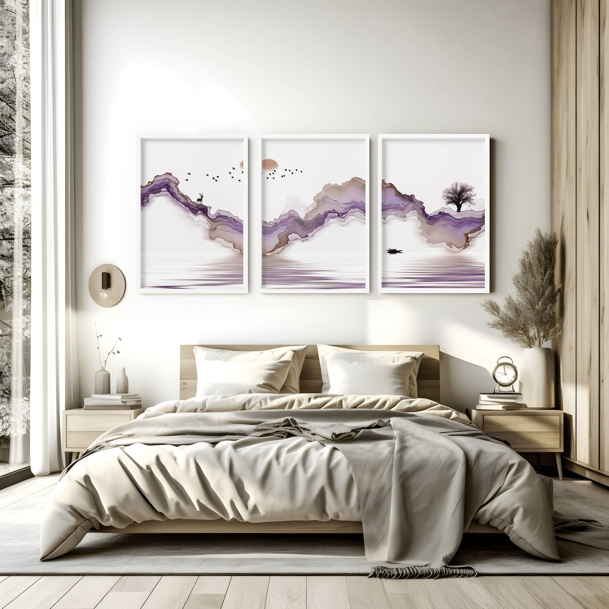 Set of 3 art prints featuring serene Japanese sunset landscapes in purple and mauve tones, perfect for bedroom decor.