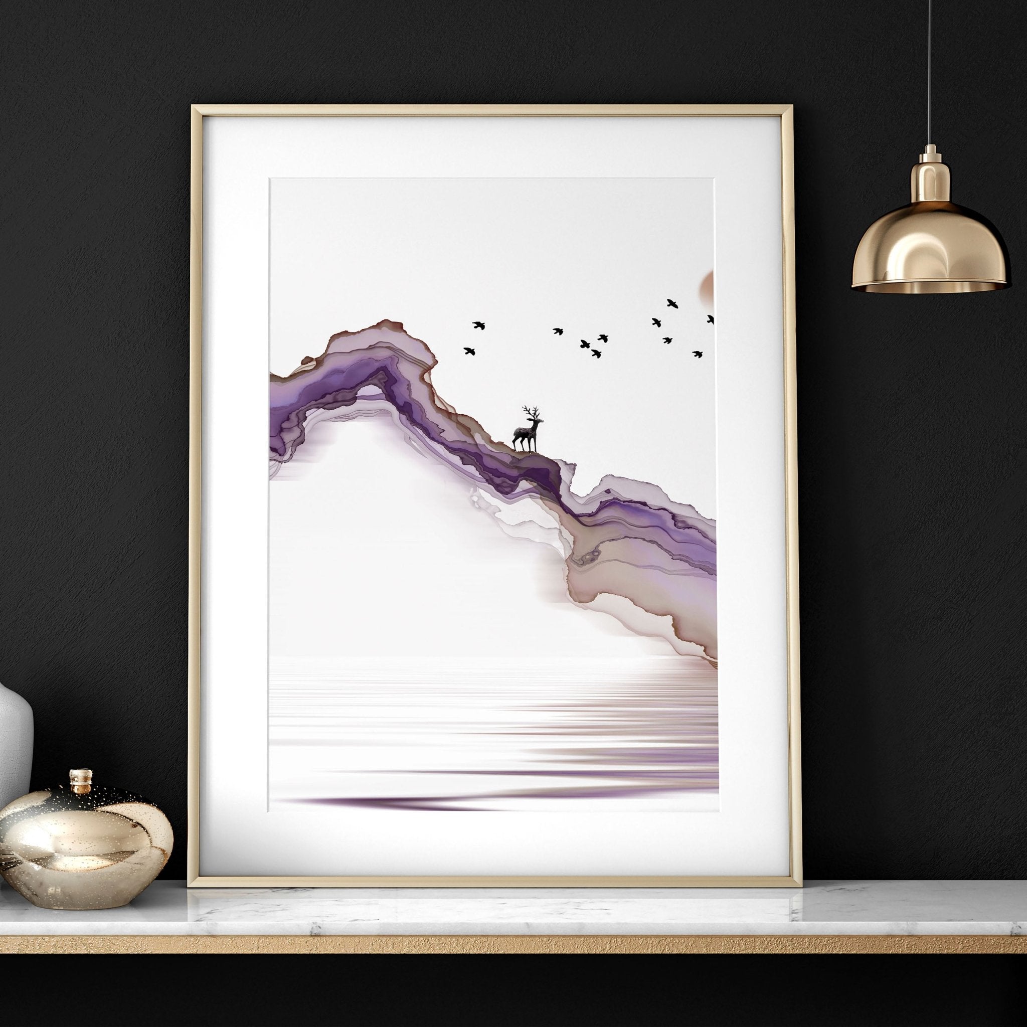 Set of 3 art prints featuring serene Japanese sunset landscapes in purple and mauve tones, perfect for bedroom decor.