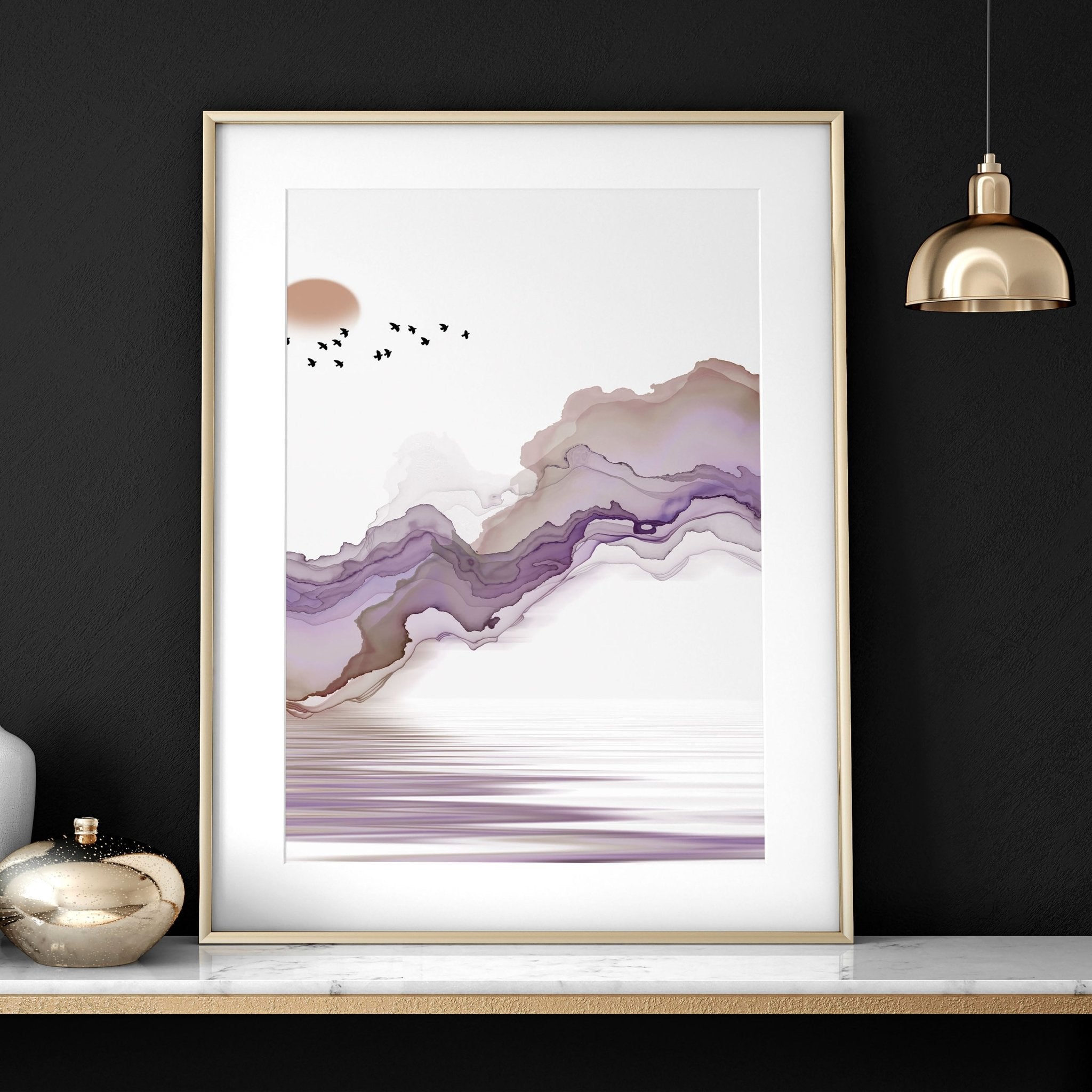 Set of 3 art prints featuring serene Japanese sunset landscapes in purple and mauve tones, perfect for bedroom decor.