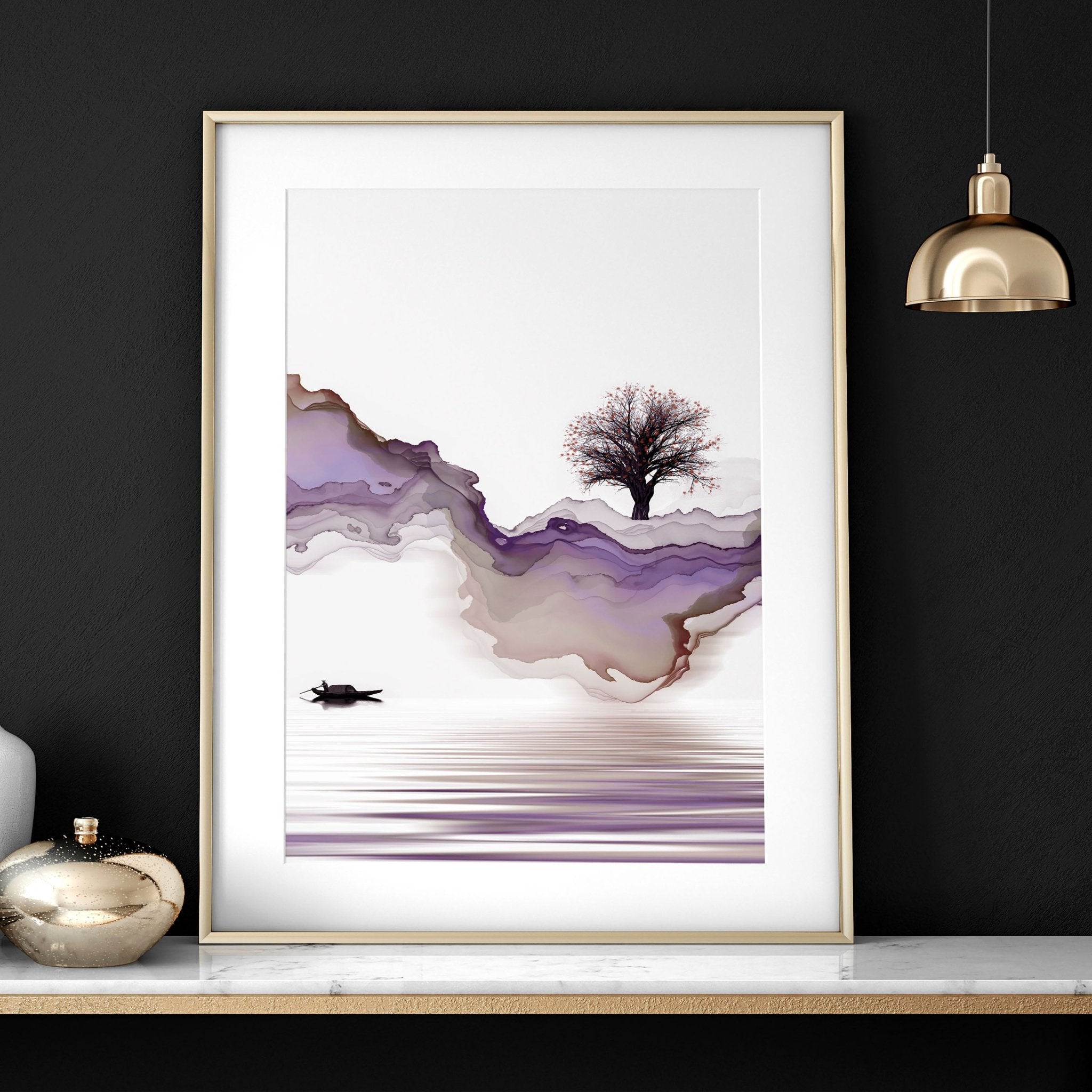 Set of 3 art prints featuring serene Japanese sunset landscapes in purple and mauve tones, perfect for bedroom decor.