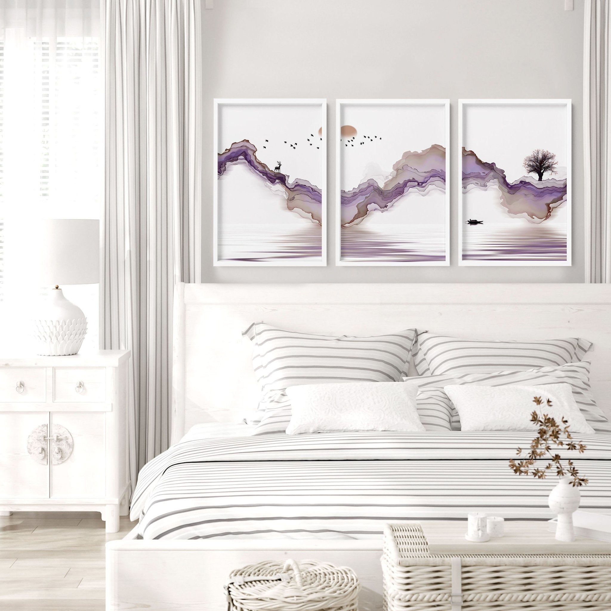 Set of 3 art prints featuring serene Japanese sunset landscapes in purple and mauve tones, perfect for bedroom decor.