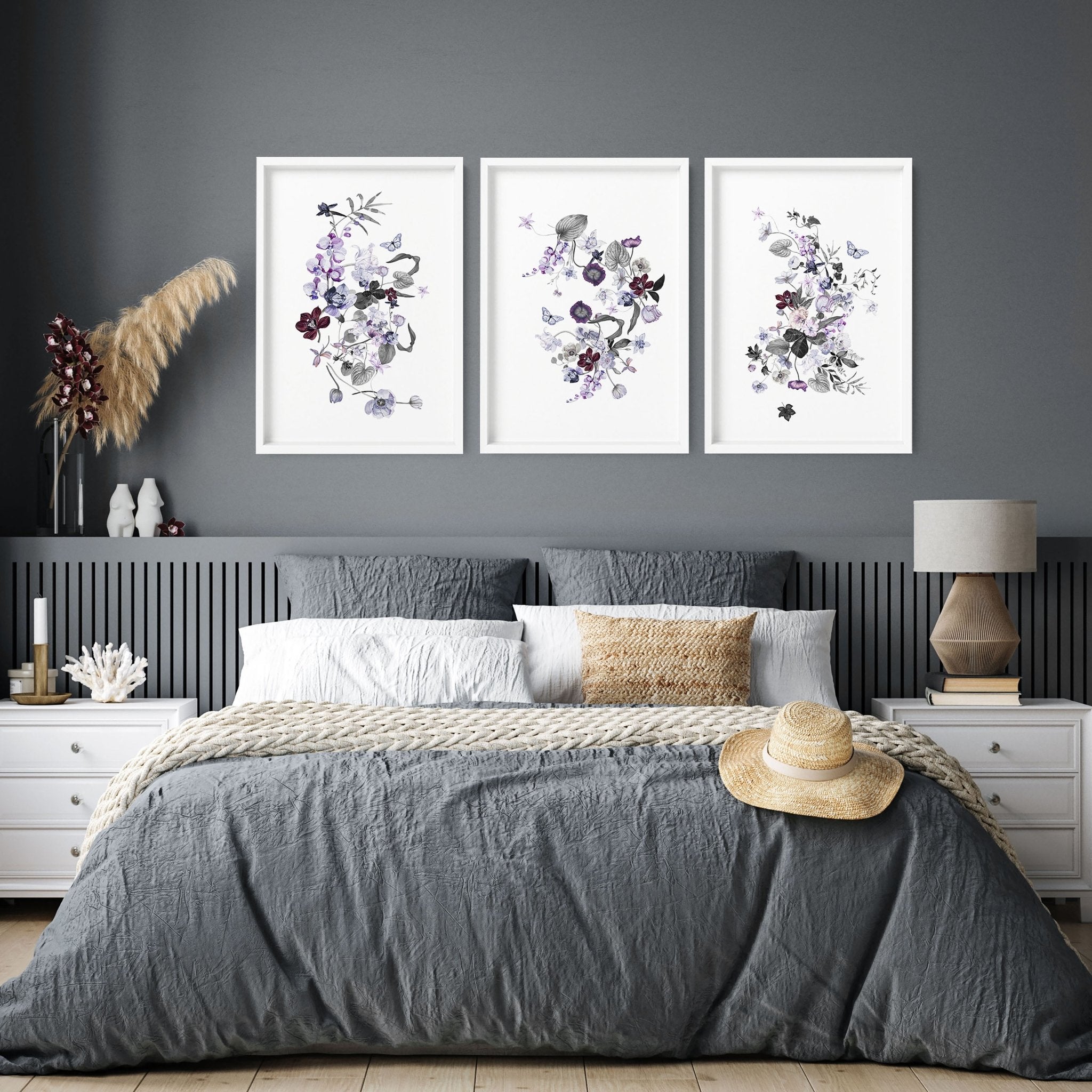 Set of 3 Shabby Chic Botanical wall art prints in lavender, lilac, purple, and grey tones, perfect for bedroom decor.