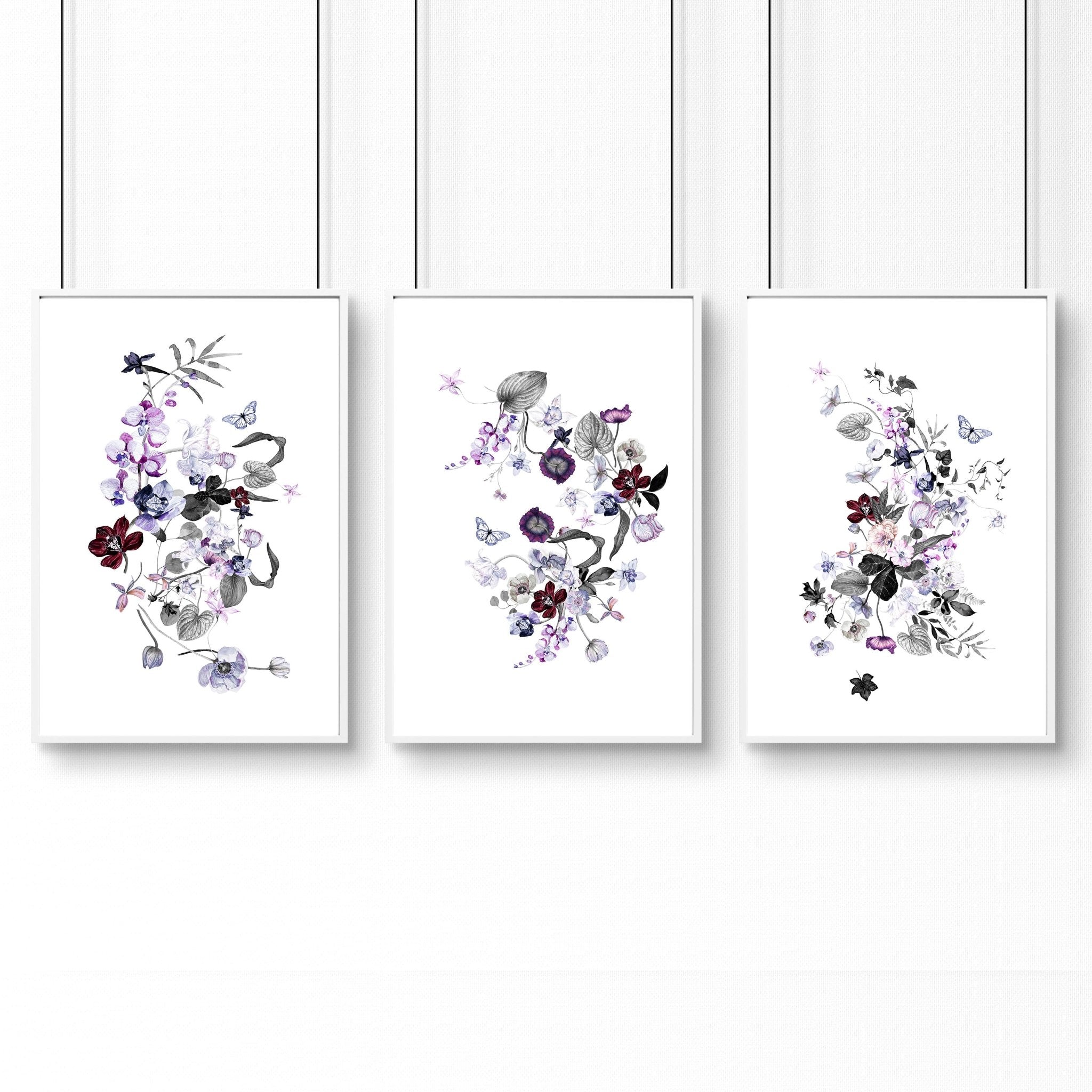 Set of 3 Shabby Chic Botanical wall art prints in lavender, lilac, purple, and grey tones, perfect for bedroom decor.