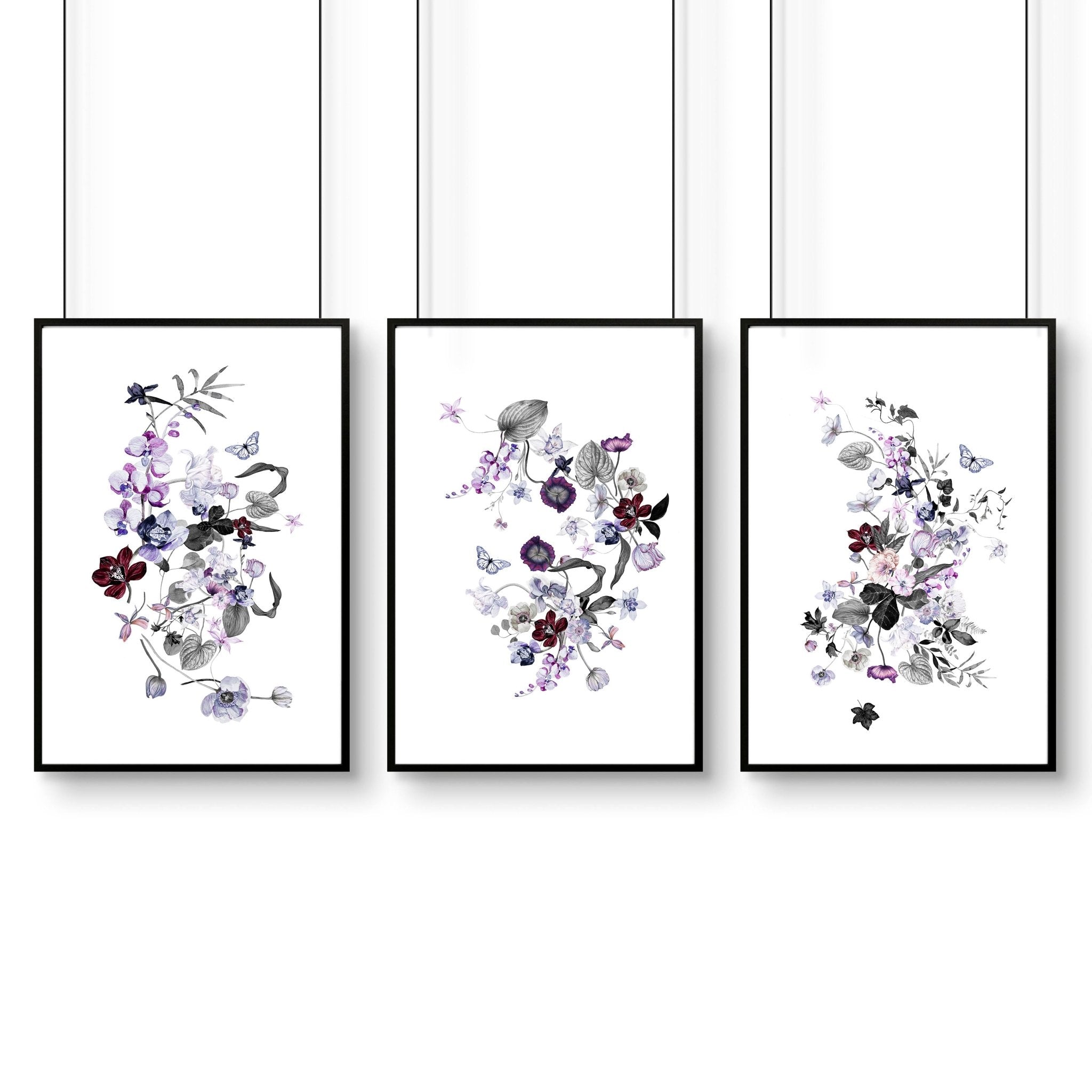 Set of 3 Shabby Chic Botanical wall art prints in lavender, lilac, purple, and grey tones, perfect for bedroom decor.