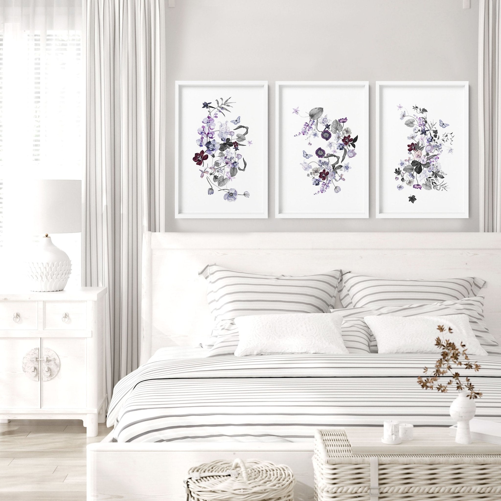 Set of 3 Shabby Chic Botanical wall art prints in lavender, lilac, purple, and grey tones, perfect for bedroom decor.