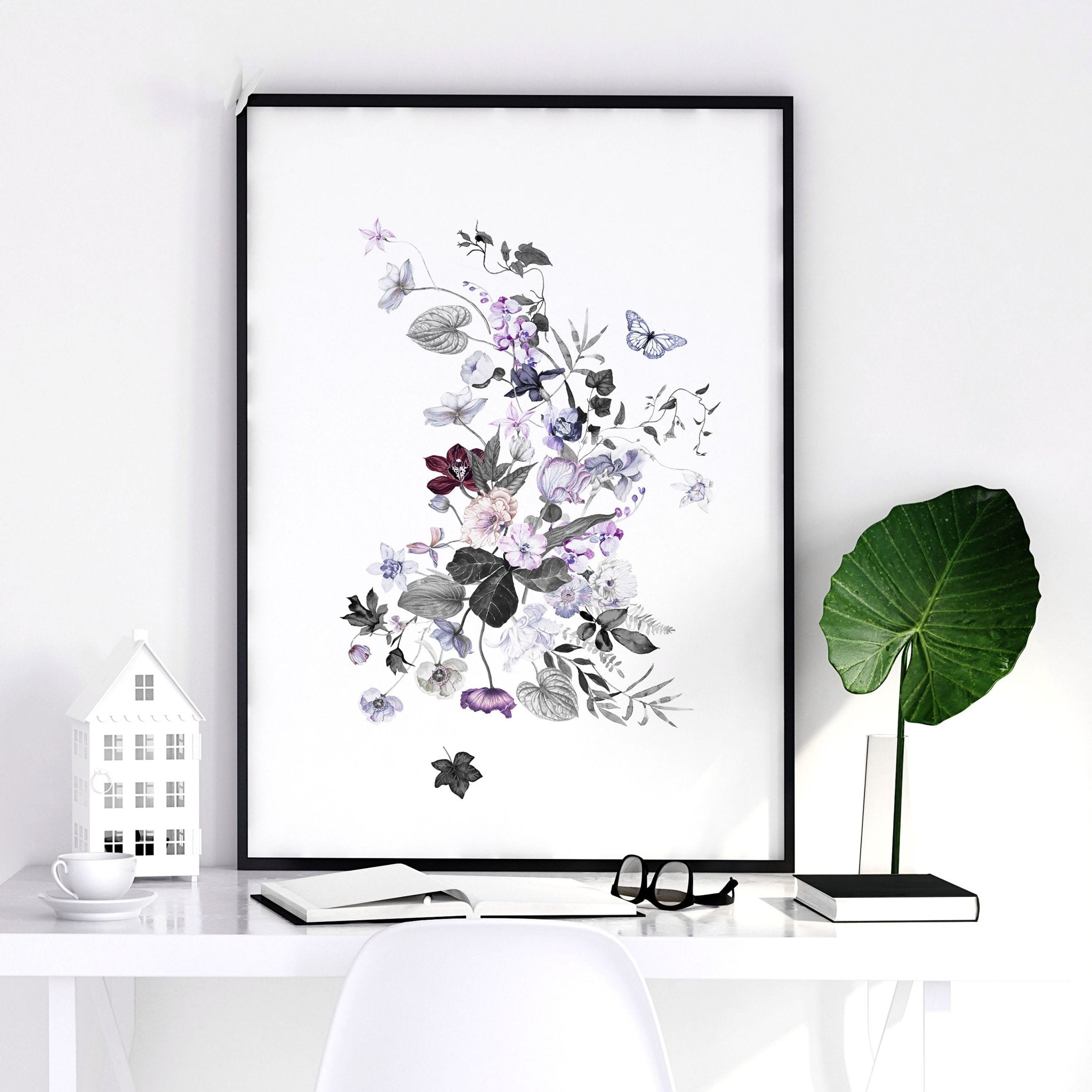 Set of 3 Shabby Chic Botanical wall art prints in lavender, lilac, purple, and grey tones, perfect for bedroom decor.