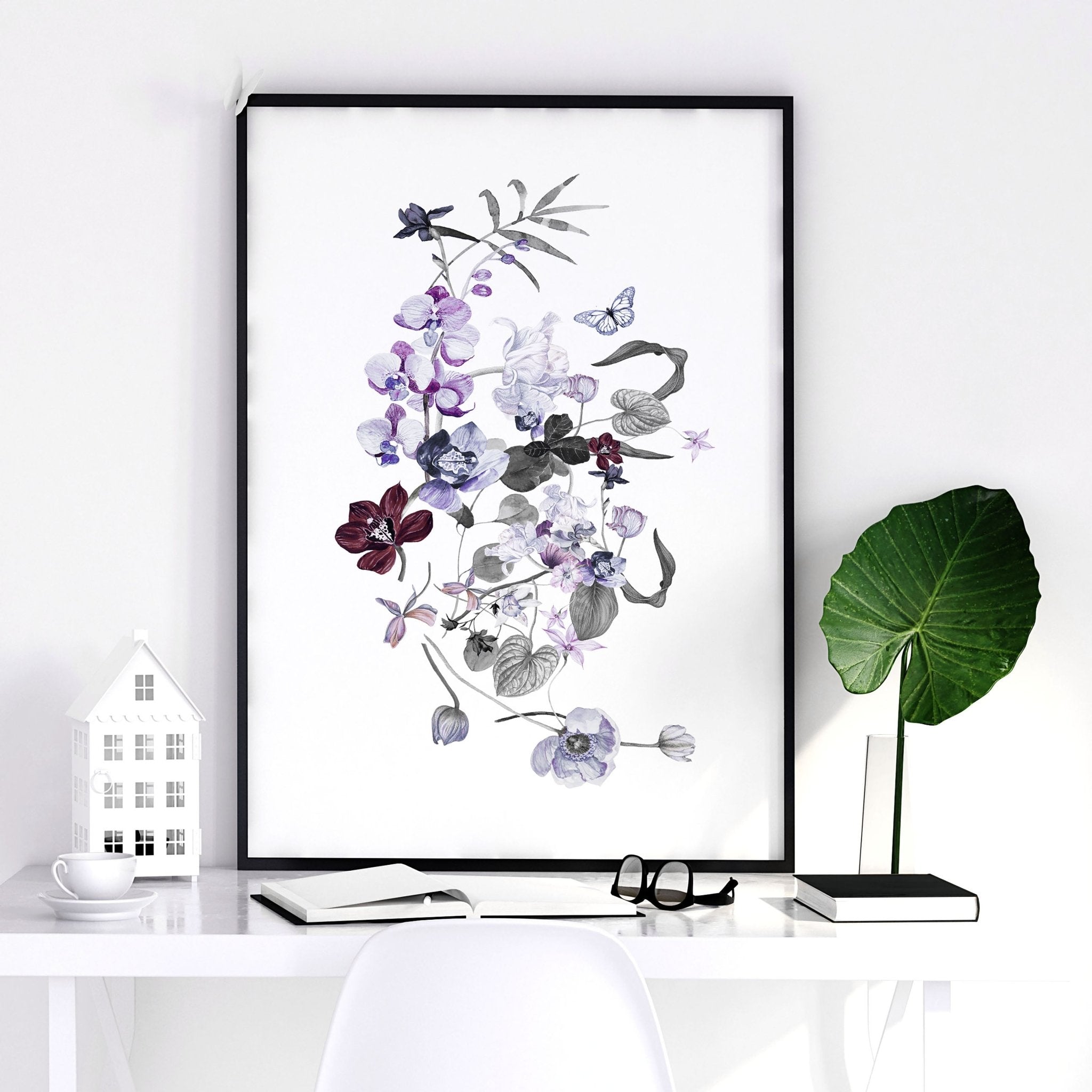 Set of 3 Shabby Chic Botanical wall art prints in lavender, lilac, purple, and grey tones, perfect for bedroom decor.