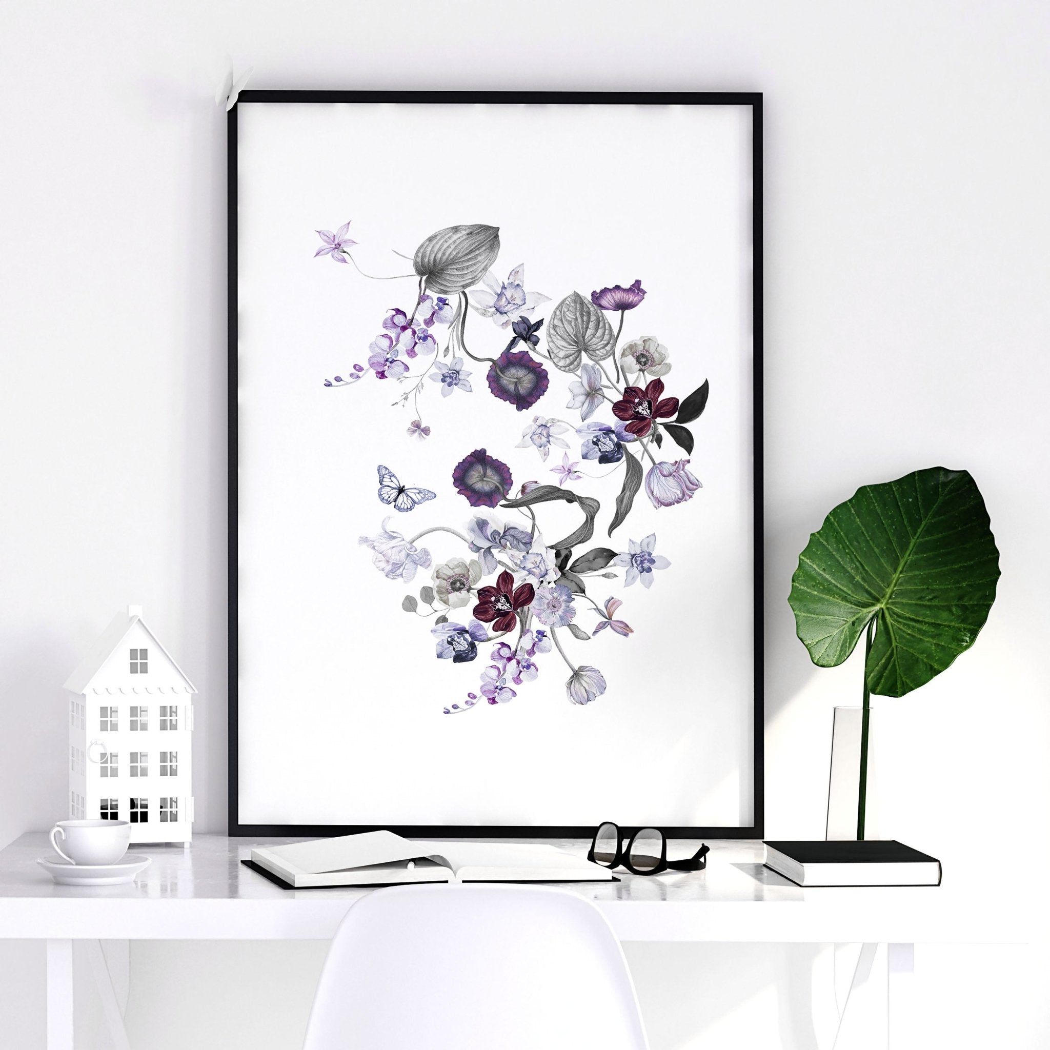 Set of 3 Shabby Chic Botanical wall art prints in lavender, lilac, purple, and grey tones, perfect for bedroom decor.