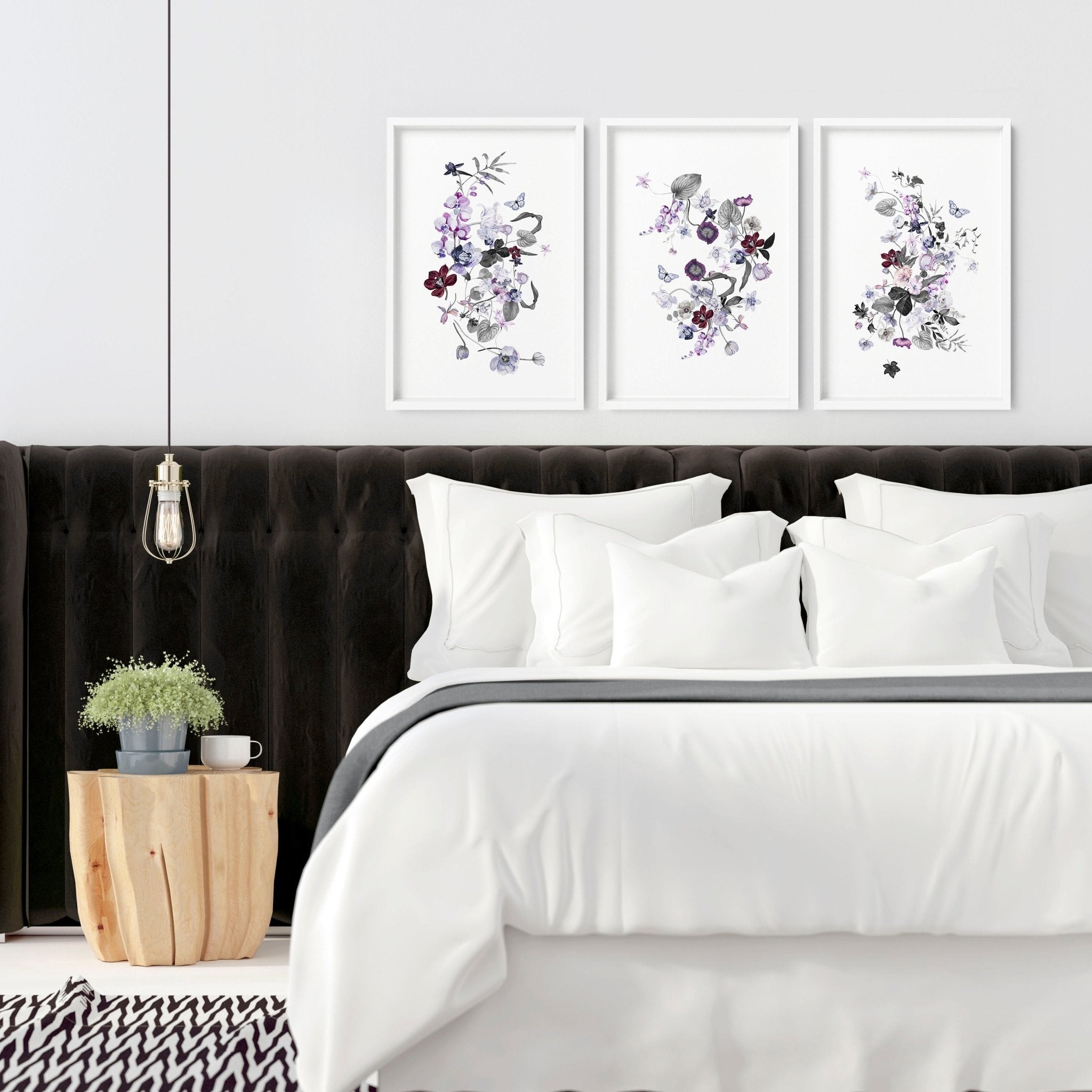 Set of 3 Shabby Chic Botanical wall art prints in lavender, lilac, purple, and grey tones, perfect for bedroom decor.