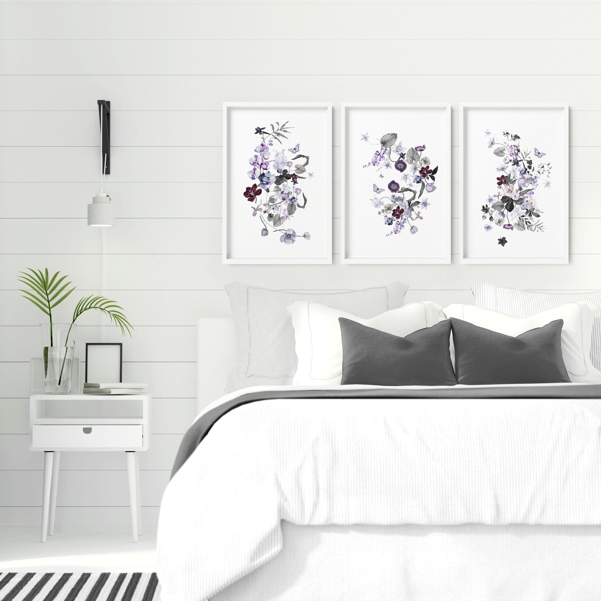 Set of 3 Shabby Chic Botanical wall art prints in lavender, lilac, purple, and grey tones, perfect for bedroom decor.