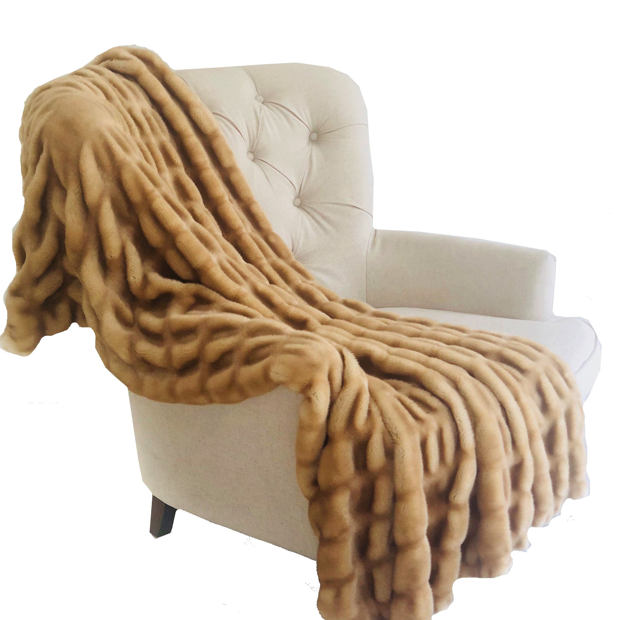 Beige Tissavel Mink Faux Fur Handmade Luxury Throw, showcasing its plush texture and elegant design, perfect for home décor.