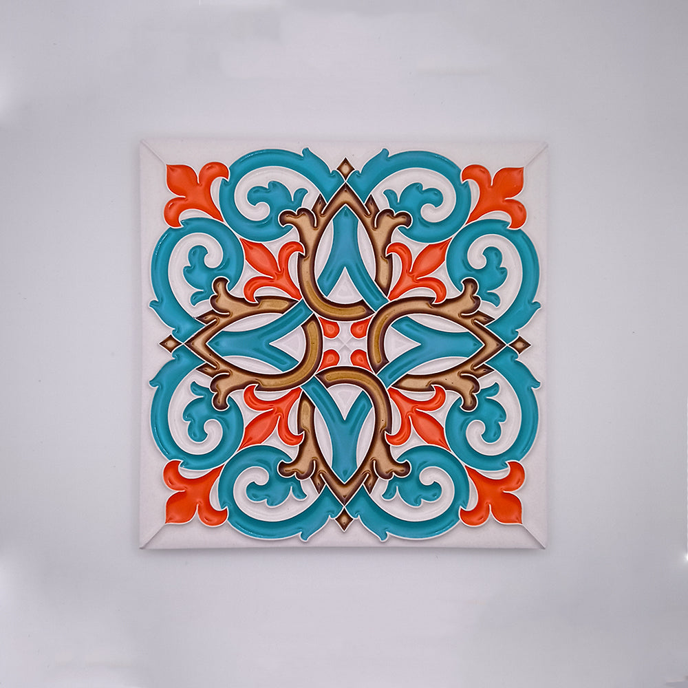 Beja hand painted decorative tile showcasing intricate designs and vibrant colors, perfect for home decor.