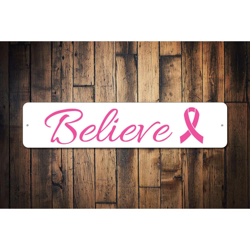 A beautifully crafted Believe Sign made of high-quality aluminum, featuring customizable text options, perfect for home decor.