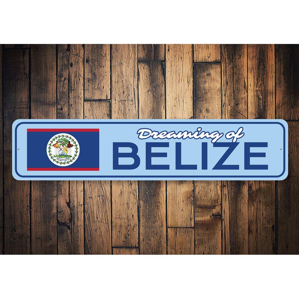 Customizable Belize sign made of high-quality aluminum, featuring pre-drilled holes for easy mounting, perfect for home decor.