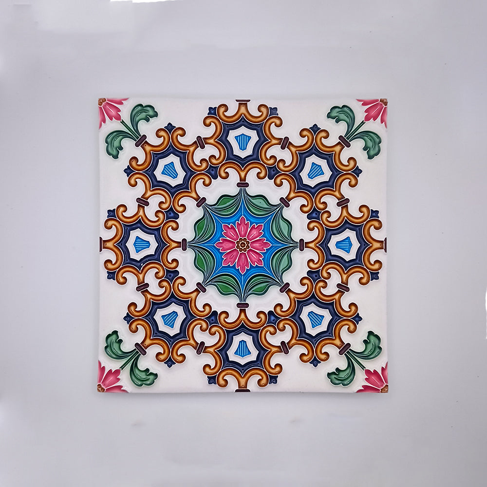 A collection of vibrant Belém Painted Ceramic Tiles showcasing intricate hand-painted designs and rich colors, perfect for home decor.