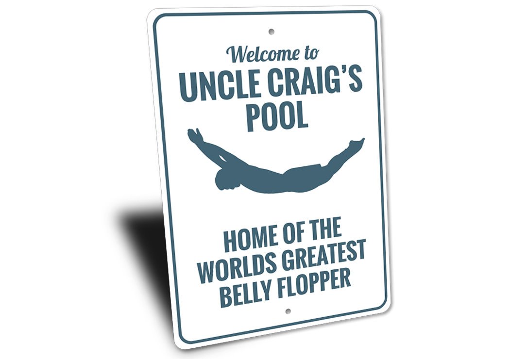 Belly Flopper Sign made of aluminum, featuring vibrant colors and customizable text, perfect for home decor.