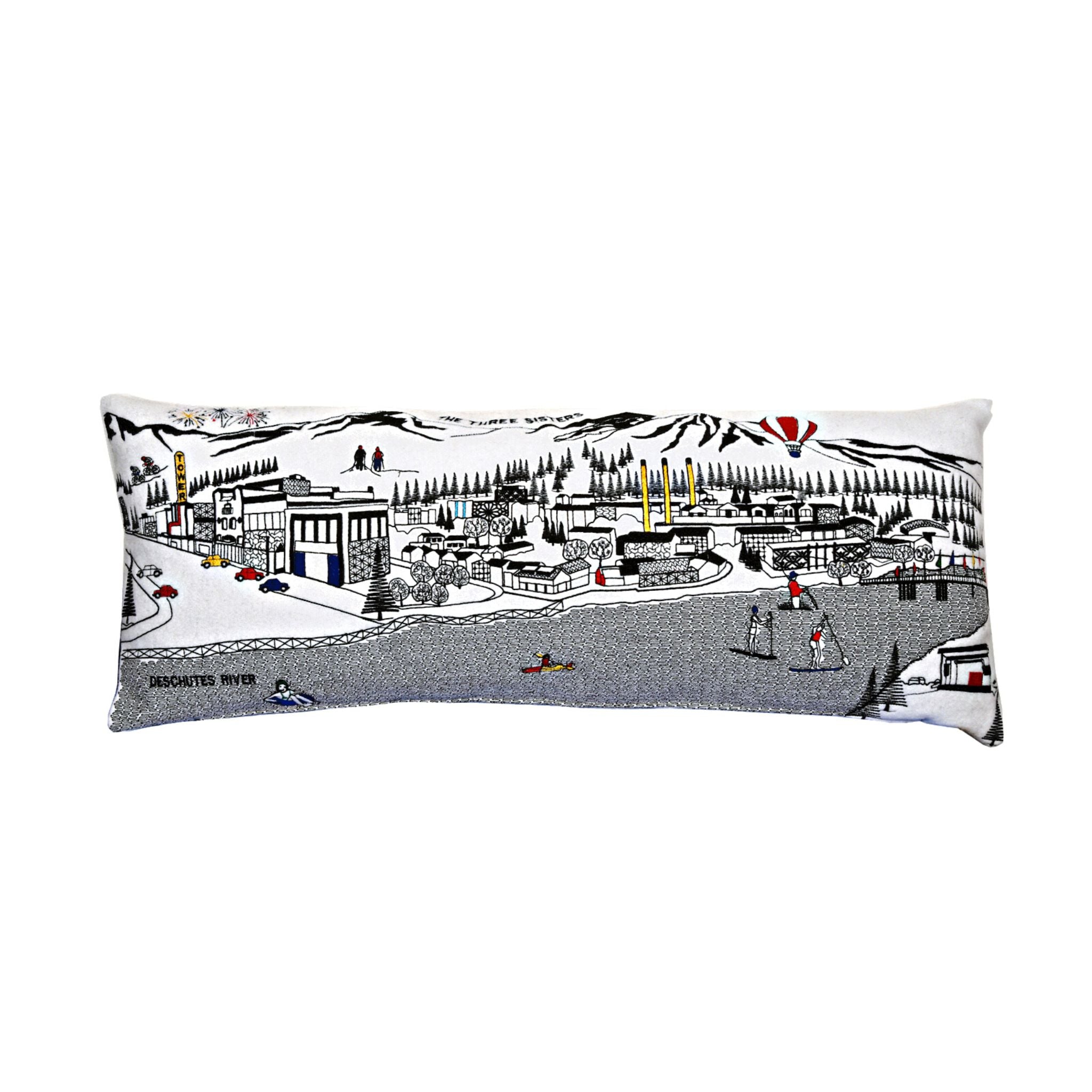 Bend Pillow featuring beautiful graphics inspired by Bend, Oregon, with a red zipper at the bottom.